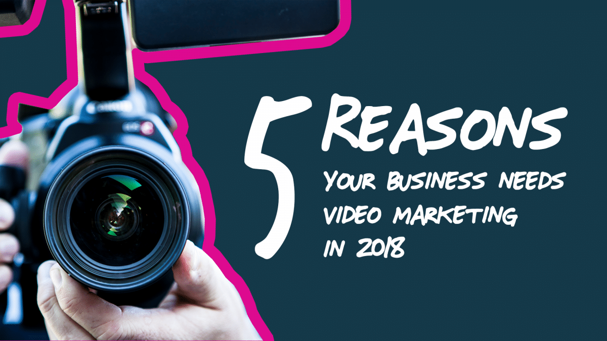 Photo of a camera surrounded in two-tone pink; to the right is text stating: "5 Reasons Your business needs Video Marketing"